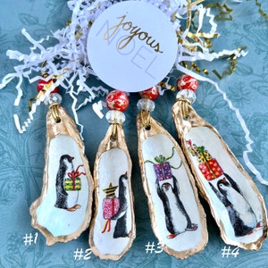 Oyster Shell Ornament, Decoupage Shell, Coastal Gift, Christmas Penguin Ornament, Hostess Wine