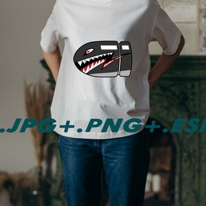 Cartoon shark teeth mouth on gun bullet. Digital Download