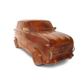 Handcrafted Wooden Renault 4L Car Statue - Retro-Style Classic Automobile Collectible Gift.