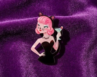Spooky Chic Halloween Lady Cat Pin Up 2D Acrylic Brooch, Retro Halloween Fashion Accessory