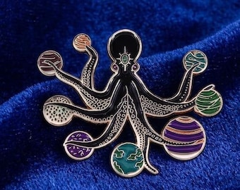 Cosmic Octopus Pin, Celestial Planet Fashion Accessory