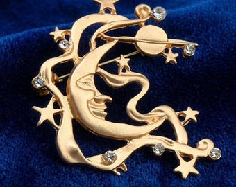Moon and Stars Brooch - Vintage Style Celestial Heavens Pin
