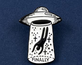 Finally! UFO abduction pin, dark humor alien fashion accessory