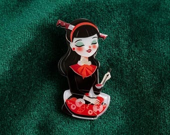 Retro Halloween Punch Girl 2D Acrylic Pin, Spooky Chic Fashion Accessory