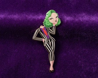 Glam Beetlejuice Girl 2D Acrylic Halloween Pin, Retro Style Spooky Fashion Accessory