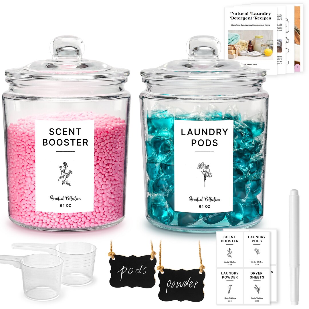 Glass Airtight Laundry Jars Set With Chalkboards Labels Pen Scoops