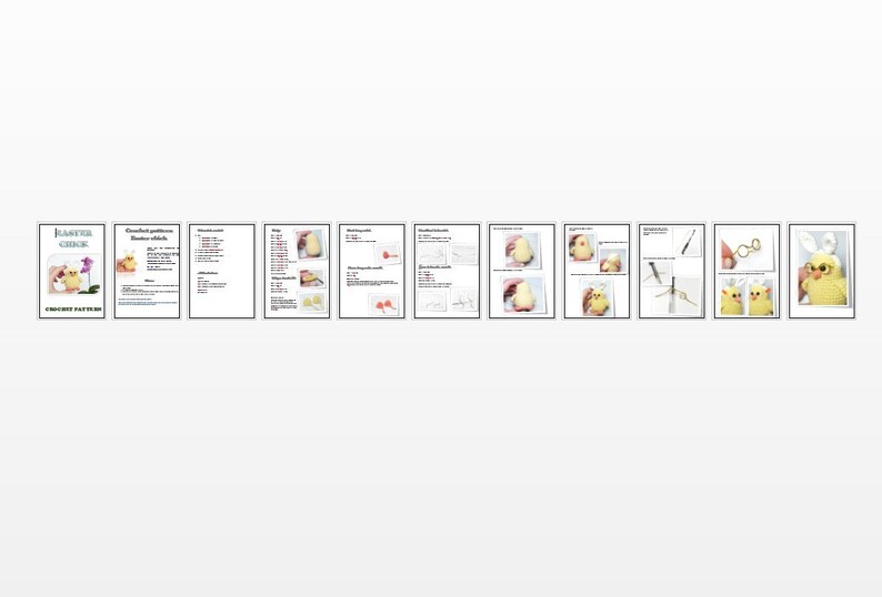 May include: A crochet pattern for making an Easter chick. The pattern includes instructions and photos showing how to make the chick. The finished chick is yellow with a pink beak and feet. It is wearing a pair of glasses.