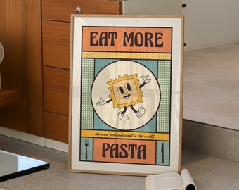 Retro Eat More Pasta Poster, Food Print, Modern Kitchen Decor, Illustration, Italy, Kitchen Art, Chef Print, Bar Art, Retro Character Print