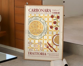 Carbonara Poster, Pasta Print, Pasta Lover Club, Retro Poster, Modern Kitchen Decor, Retro Wall Art, Wine Art,  Kitchen Poster, Pasta Poster