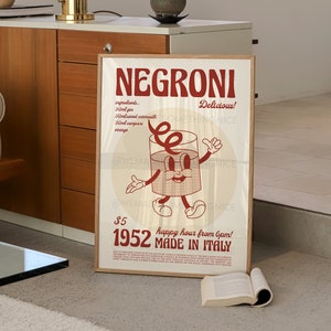 50's Retro Negroni Print, Negroni Poster, French Retro, Kitchen Decor, Cocktail Poster, Mid Century Modern, Illustration, Housewarming