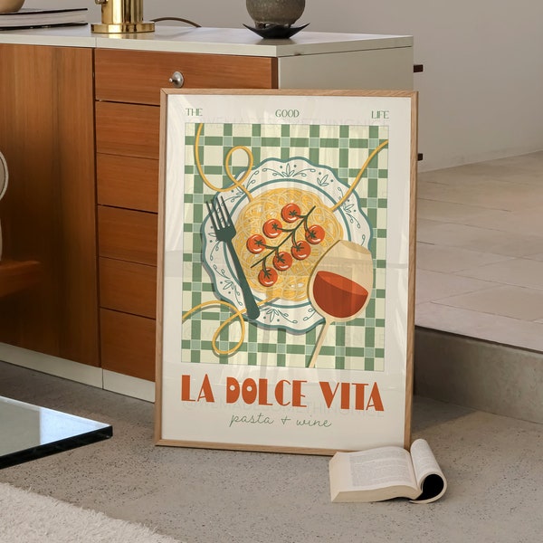 La Dolce Vita, affiche de pâtes alimentaires, impression de pâtes alimentaires, impression d'aliments, décoration de cuisine moderne, art mural rétro, art du vin, impression de chariot de bar, affiche de cuisine, pâtes