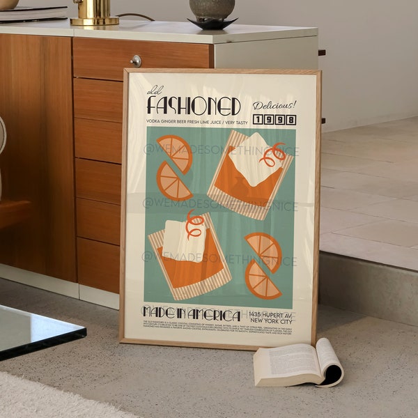 Old Fashioned Print, Drinks Poster, French Retro, Kitchen Decor, Cocktail Poster, Mid Century Modern, Housewarming Gift, Birthday