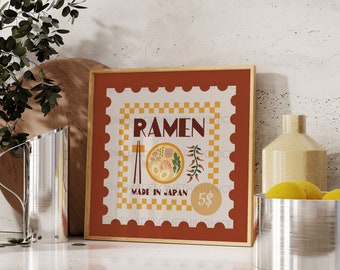 Retro Ramen Poster, Food Print, Modern Kitchen Decor, Illustration, Japanese, Food, Bar Art, Exhibition Poster, Retro Wall Art, Square