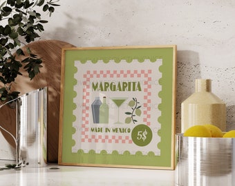 Retro Margarita Poster, Food Print, Modern Kitchen Decor, Illustration, Tequila, Food, Bar Art, Exhibition Poster, Retro Wall Art, Square