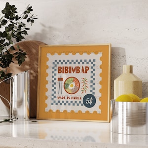Retro Bibimbap Poster, Food Print, Modern Kitchen Decor, Illustration, Korea, Food, Kitchen Art, Exhibition Poster, Retro Wall Art, Square