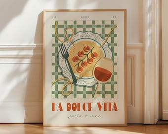 La Dolce Vita, Pasta Poster, Pasta Print, Kitchen Poster, Kitchen Print, Kitchen Art, Wine Poster Food Print, Retro Wall Art