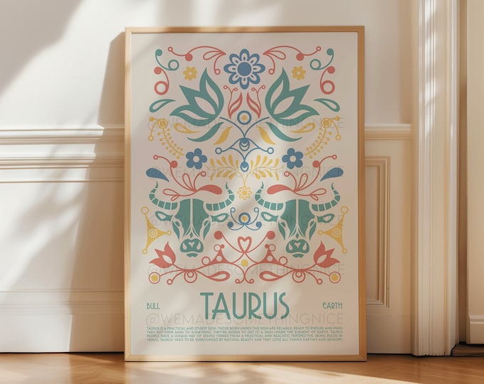 Taurus Poster, Horoscope Print, Astrological Wall Art, Tarot, Exhibition Poster, Zodiac Poster, Birthday Present, Boho,  Housewarming