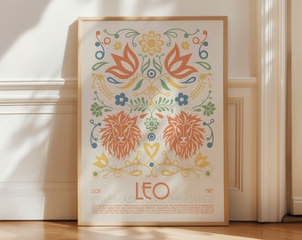 Leo Poster, Horoscope Print, Astrological Wall Art, Tarot, Exhibition Poster, Zodiac Poster, Birthday Present, Boho, Housewarming, Bedroom