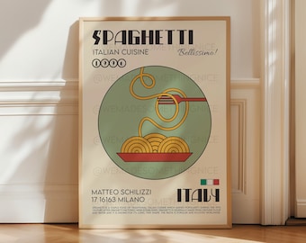 Spaghetti Poster, Pasta Poster, Kitchen Poster, Kitchen Print, Modern Kitchen Decor, Chef Print, Bar Art, Pasta Print, Retro Wall Art