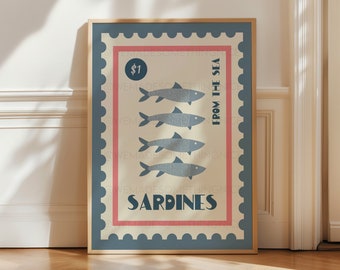Sardines Print, Coastal Print, Coastal Wall Art, Trendy Wall Art, Vintage Food Print, Coastal Art, Food Art, Seaside, Home Decor