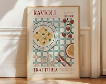 May include: A vintage-style poster advertising ravioli. The poster features a plate of ravioli with a blue and white checkered background. The text on the poster reads "Ravioli, Delicious! 1968, Trattoria, Emilia Ponente 10, Bologna 40133".