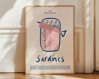 Sardines Print, Modern Kitchen Decor, Retro Food Print, Vintage Food Print, Coastal Art, Food Art, Foodie Gift, Trendy Wall Art, Home Decor