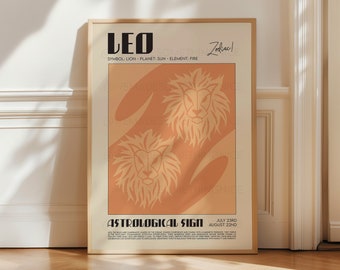Może przedstawiać: Retro plakat z pomarańczowym tłem przedstawiający dwie stylizowane głowy lwów. Plakat nosi tytuł "LEO" i zawiera tekst "Zodiac!" oraz "ZNAK ZODIAKU" z datami "23 LIPCA - 22 SIERPNIA".