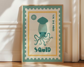 Squid Print, Coastal Decor, Kitchen Poster, Kitchen Print, Coastal Poster, Retro Food Print, Food Art, Seaside, Trendy Wall Art, Home Decor