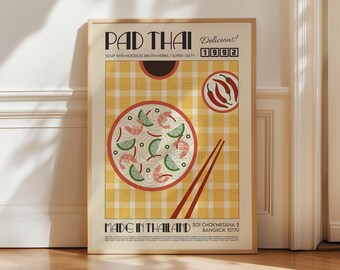 Pad Thai Poster, Kitchen Art, Kitchen Poster, Modern Kitchen Decor, Illustration, Thailand, Food, Chef Print, Bar Art, Retro Wall Art