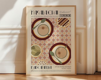 May include: A vintage-style poster with a brown wooden frame advertising Masala Chai, a brewed tea with milk, aromatic herbs, and spices. The poster features a red and white geometric pattern with two illustrations of cups of tea and spoons. The text "Delicious!" and "1998" are in a retro font. The poster also includes the text "Made in India" and the address "49 Sai Road Mumbai 401107 India."