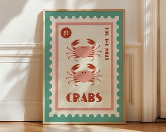 Crab Print, Coastal Wall Art, Coastal Print, Kitchen Art, Vintage Food Print, Coastal Art, Food Art,Trendy Wall Art, Bathroom Print