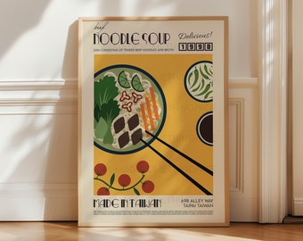 Lámina decorativa de cocina con sopa de fideos con ternera / Póster de comida asiática / Regalo para amantes de la gastronomía