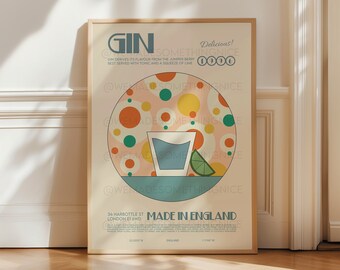 Gin Print, Retro Cocktail Poster, Kitchen Decor, Cocktail Print, Mid Century Modern, Gin and Tonic Print