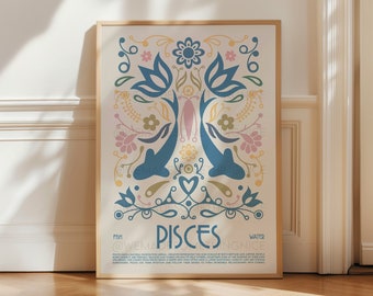 Pisces Poster, Horoscope Print, Astrological Wall Art, Tarot, Exhibition Poster, Zodiac Poster, Birthday Present, Housewarming, Boho