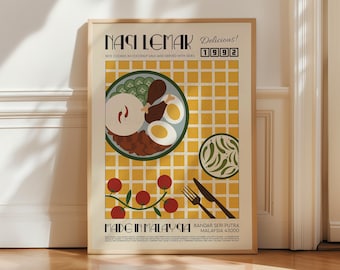Nasi Lemak Poster, Food Print, Asian Food Poster, Modern Kitchen Decor, Illustration, Malaysia, Food, Chef Print, Bar Art, Retro Wall Art
