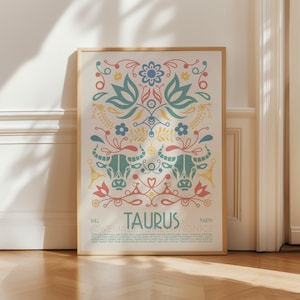Poster taureau, impression horoscope, art mural astrologique, tarot, affiche d'exposition, affiche zodiaque, cadeau d'anniversaire, bohème, pendaison de crémaillère