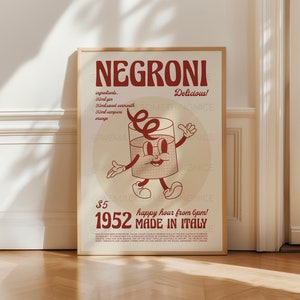 Negroni Print, Negroni Poster, Cocktail Art, Kitchen Art, Cocktail Poster, Mid Century Modern, Illustration, Funny Print