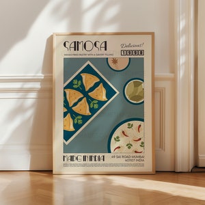 Samosa Poster, Kitchen Art, Food Illustration, Food Print, Modern Kitchen Decor, Travel Poster,  Kitchen Poster, Retro Wall Art, India Print