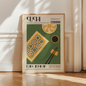 Sushi Poster, Kitchen Art, Kitchen Poster, Kitchen Print, Food Print, Illustration, Japanese Art, Exhibition Poster, Retro Wall Art