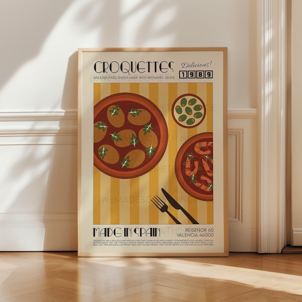 Impression de croquettes, art culinaire, affiche de cuisine, affiche de l'Espagne, décoration de cuisine, art culinaire, art moderne Mid-Century