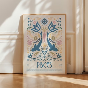 Pisces Poster, Horoscope Print, Astrological Wall Art, Tarot, Exhibition Poster, Zodiac Poster, Birthday Present, Housewarming, Boho