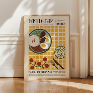 Nasi Lemak Poster, Food Print, Asian Food Poster, Modern Kitchen Decor, Illustration, Malaysia, Food, Chef Print, Bar Art, Retro Wall Art