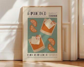 Retro Old Fashioned Cocktail Wall Art | Vintage Bar Poster | Home Bar Decor