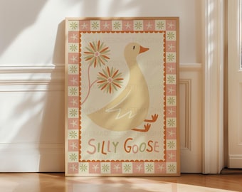 Silly Goose Print, Trendy Wall Art, Apartment Decor, Retro Wall Art, Quirky Wall, Nursery Art, Cottage Core Decor, Green Art, Pink Wall Art