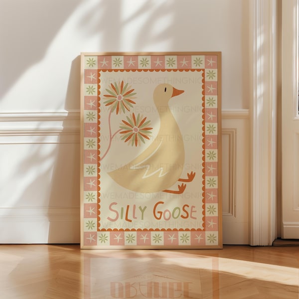 Silly Goose Print, Trendy Wall Art, Apartment Decor, Retro Wall Art, Quirky Wall, Nursery Art, Cottage Core Decor, Green Art, Pink Wall Art