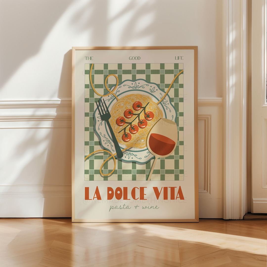 La Dolce Vita, Pasta Poster, Pasta Print, Kitchen Poster, Kitchen Print,  Kitchen Art, Wine Poster Food Print, Retro Wall Art