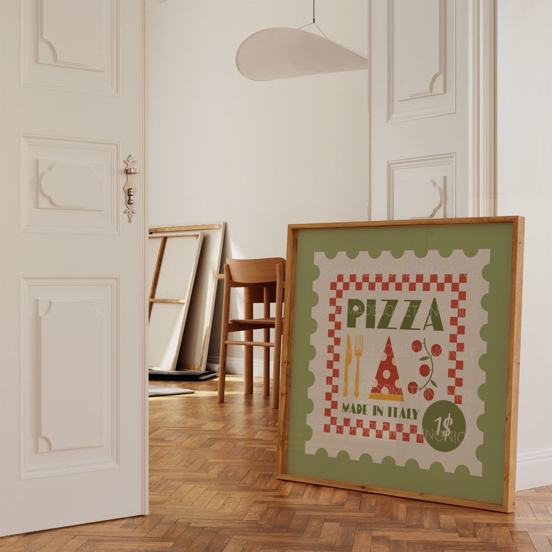 May include: A framed green and red poster with a vintage style illustration of a pizza, cutlery, and tomatoes. The poster has the text "Pizza Made in Italy 1$" on it.