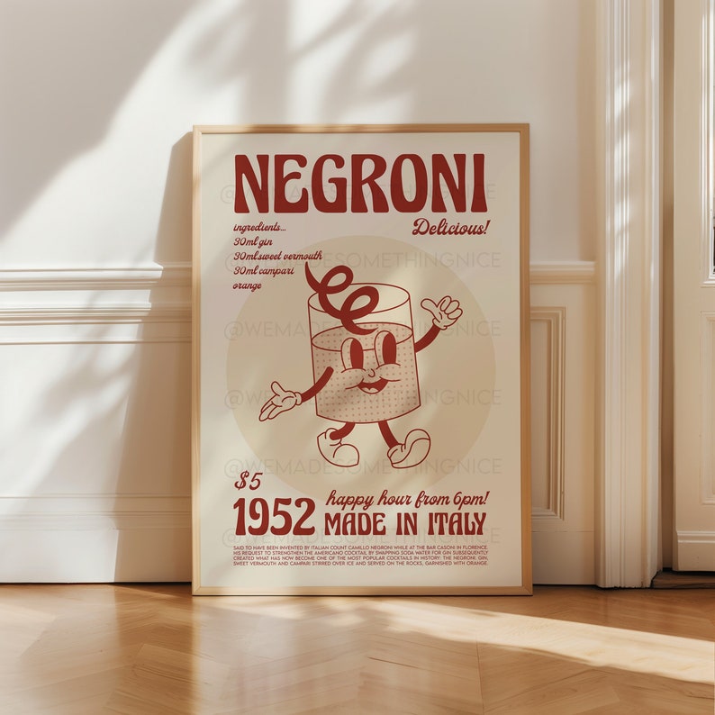 Affiche Negroni | Décoration de cuisine rétro | Illustration de cocktails vintage image 1