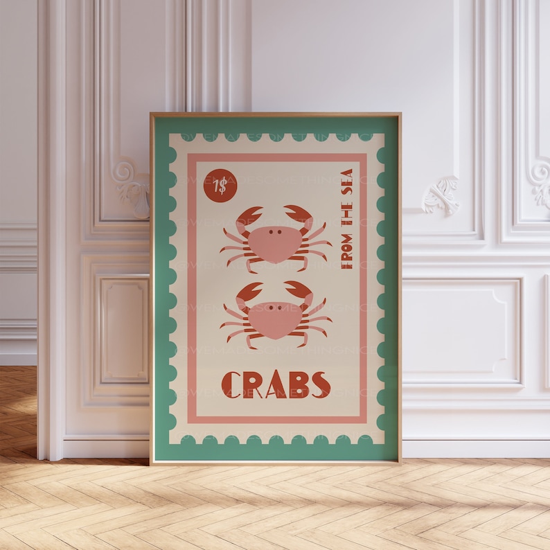 May include: A vintage-style poster with a green border and a cream background. The poster features two red crabs with pink bodies and the text "1&cent; FROM THE SEA CRABS".