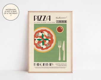Pizza Print, Italy Poster, French Retro, Kitchen Decor, Food Art, Mid Century Modern, Eat Sign, Rome, Italy Art, Housewarming
